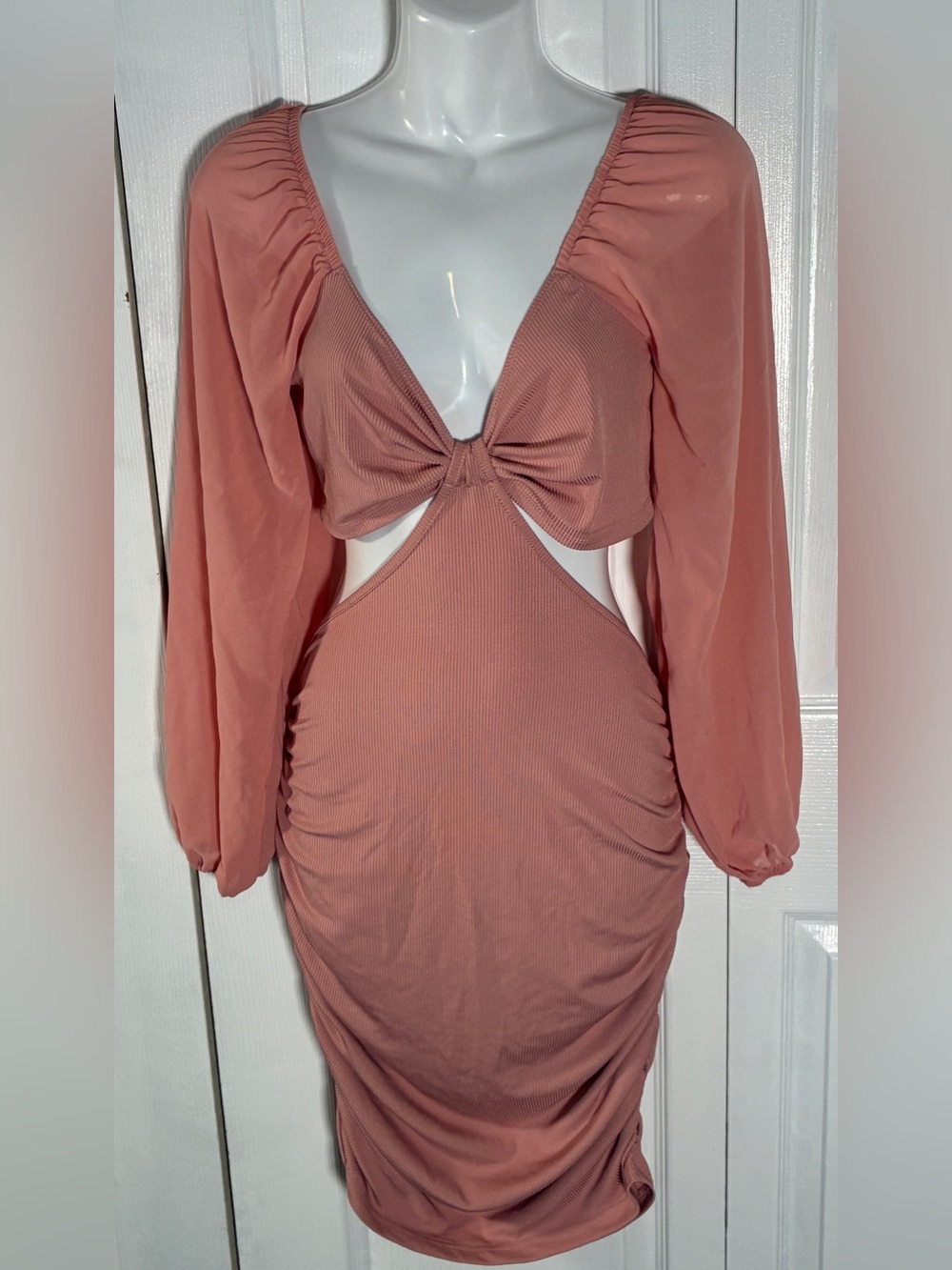 Blush Pink Midi Dress V Neck Front Twist Cutouts Sheer Puff Sleeves Side Ruching
